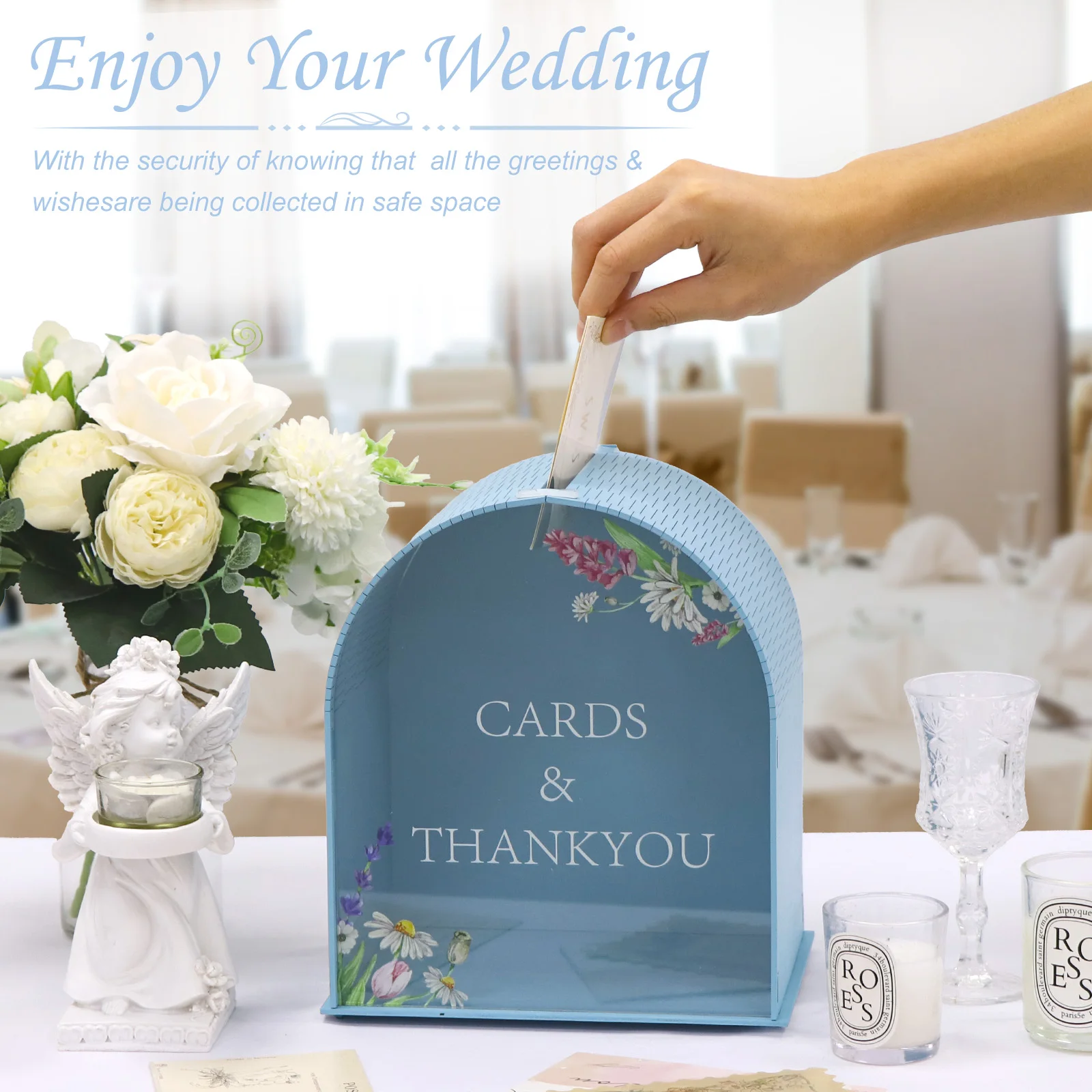 Blue Gift Card Box with Acrylic Window, Boho Wedding Envelope Money Wedding Card Boxes for Birthday Graduation Party Decorations