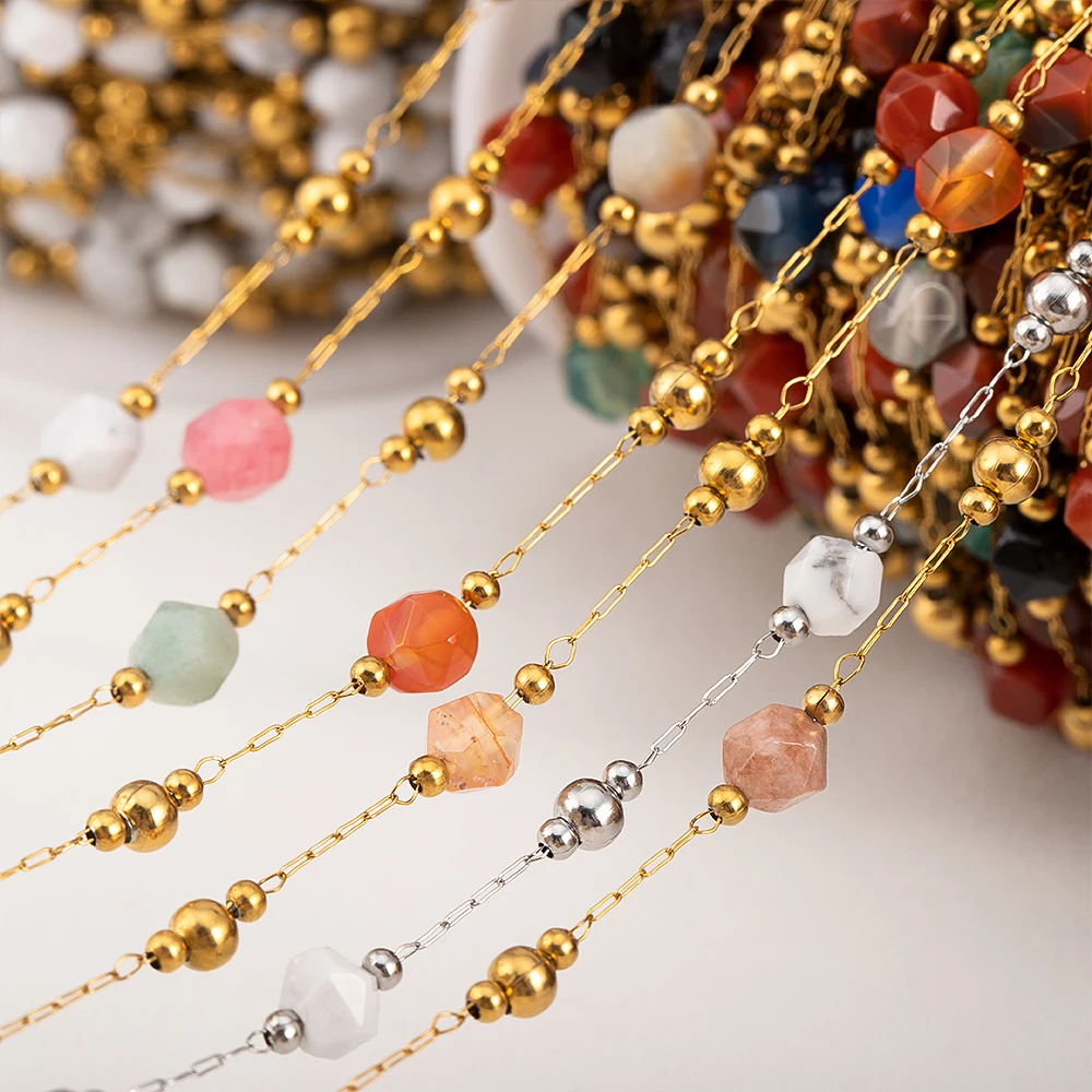 Łańcuszek ze stali nierdzewnej o długości 0,5 metra i 1 metra z nieregularnymi koralikami z kamienia do samodzielnego tworzenia naszyjników w stylu boho, ręcznie robionych bransoletek i materiałów do wyrobu biżuterii.