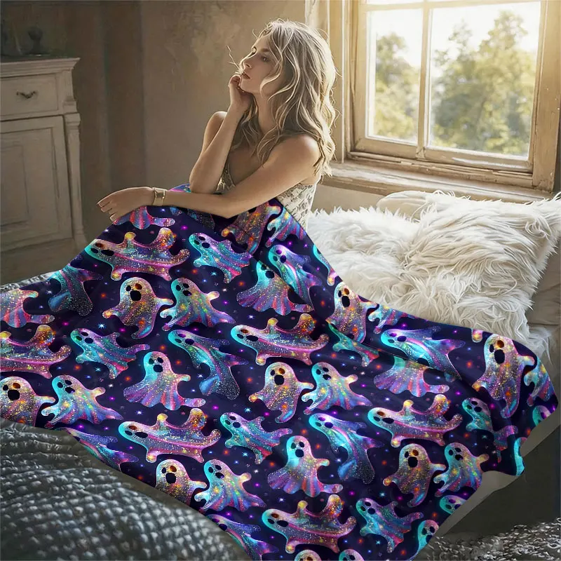 Glitter Galaxy Ghosts Flannel Blanket Warm Soft Halloween Christmas Decorative Couch Warm Cozy All-Season Gift