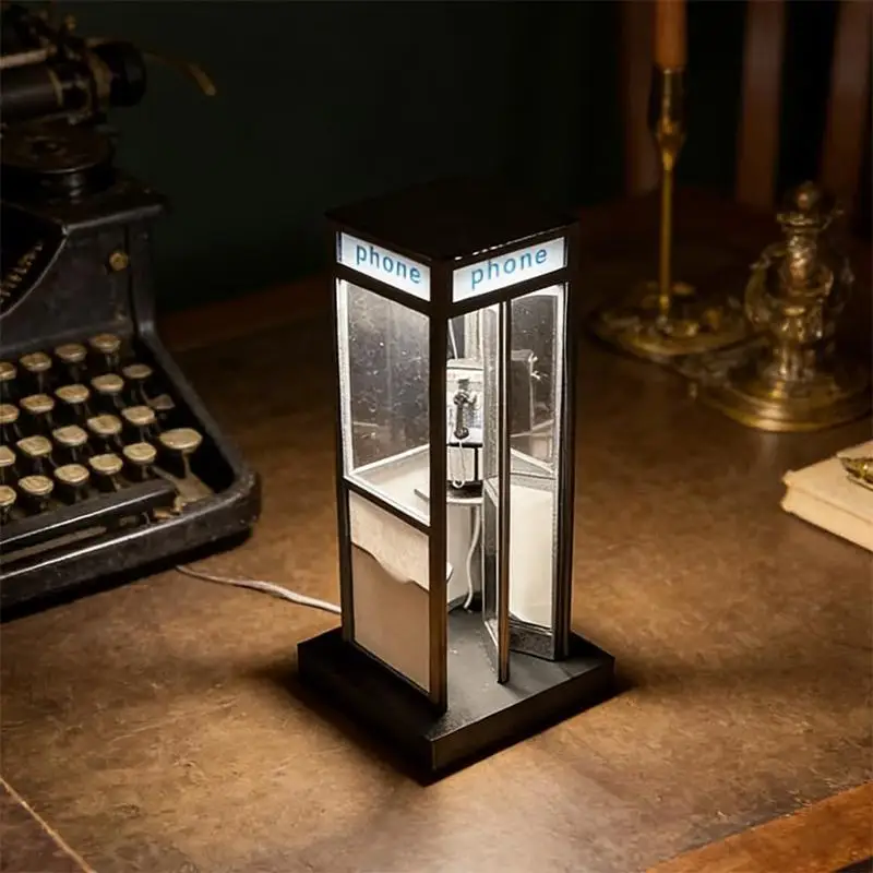 Vintage Tall Phonebooth Lamp Retro Desk Lighting Creative British Red Booth Night Light for Home Office Study