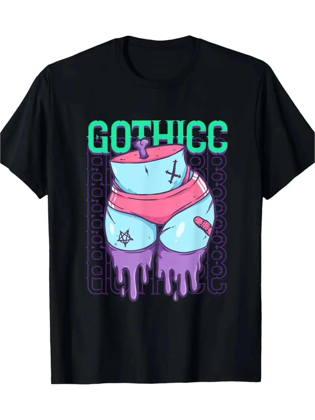 Men's & Women's Gothic Emo Booty T-Shirt - 100% 220gsm Thick Thighs & Booty Graphic Tee, Round Neck Short Sleeve Casual Shirt for Goth Subculture Outfits, All-Season Wear