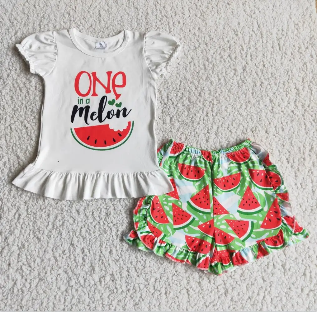 

Cheap Price Wholesale Baby Girl Summer Watermelon Set Short Sleeves Clothes Shirt Kid Ruffle Shorts Children's clothing