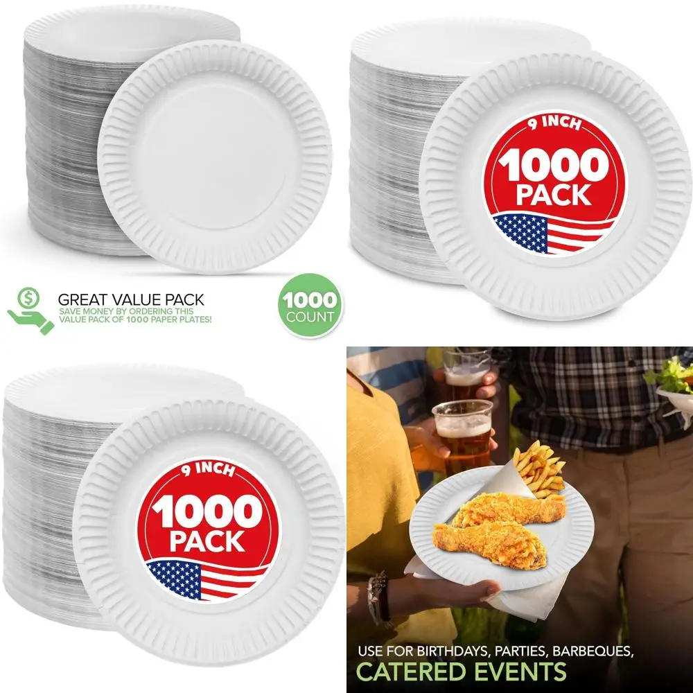 

9 белых бумажных тарелок без покрытия, оптовая упаковка из 1000 одноразовых тарелок для ежедневного использования