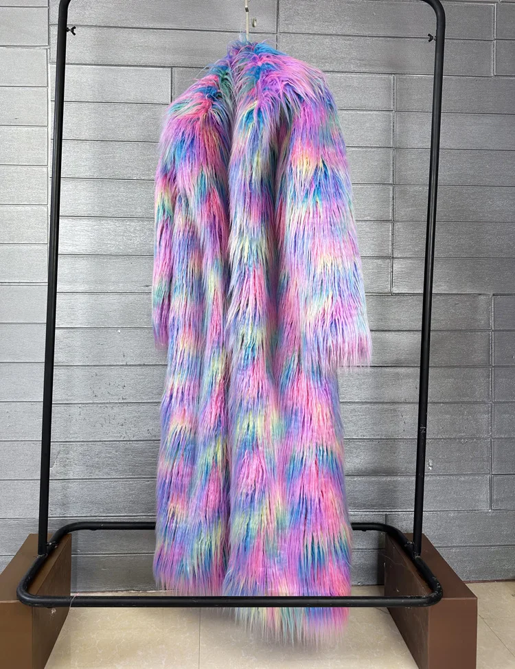 DEAT 2026 Winter New Items Imitation Colorful Long Coat For Women Faux Fur Suit Collar Long Sleeve Trench Jacket Female 11A05577