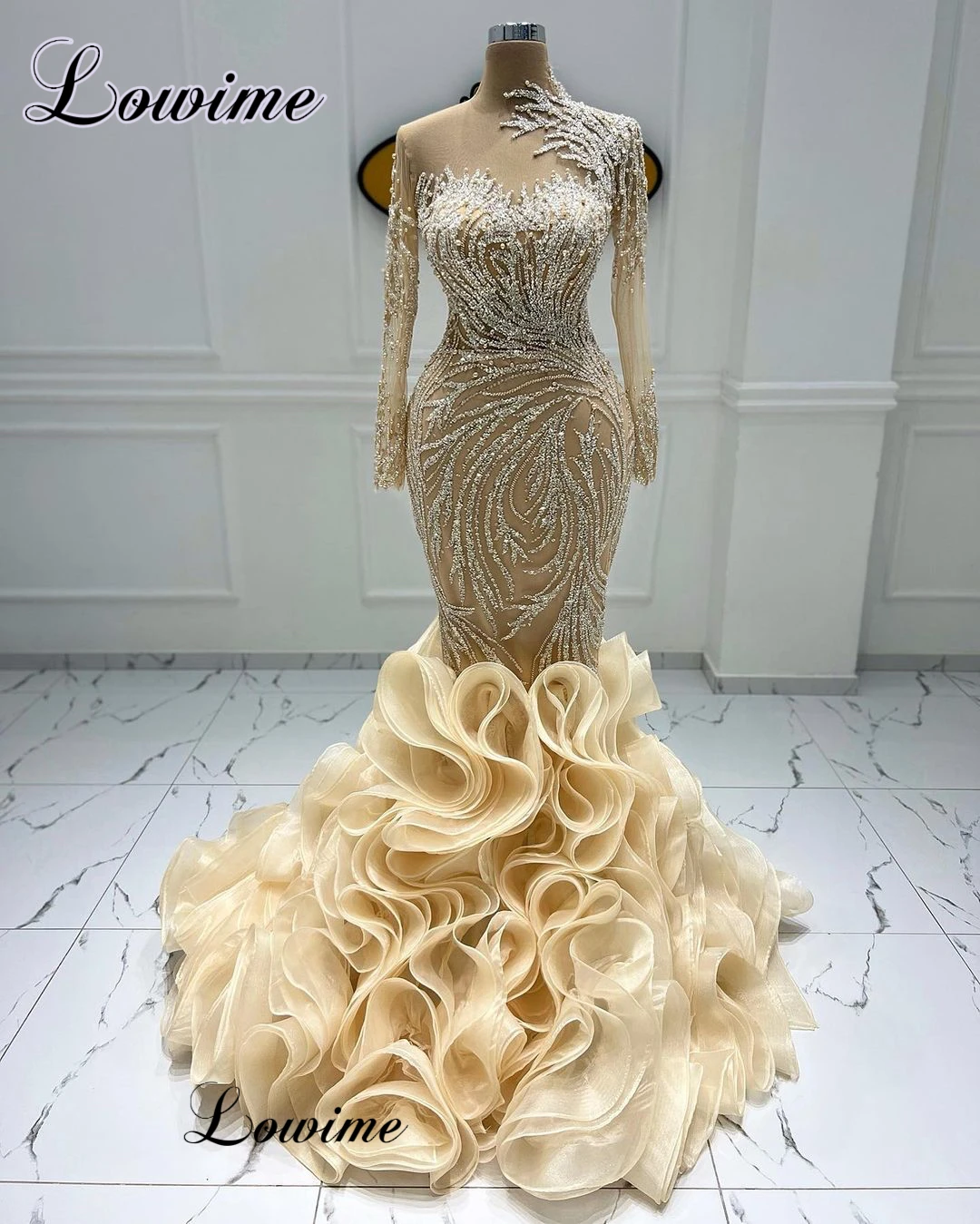 

Vintage Elegant Champagne Evening Dresses For Women High Neck Formal Occasion Dresses With Pearls Robes De Soirée Party Dresses