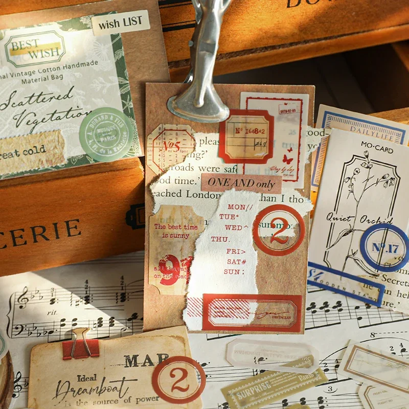 45Pcs Vintage Label Frame Mini Boxed Stickers Set Junk Journal Collage Decorative Number Tag Sticker Album Scrapbooking Material