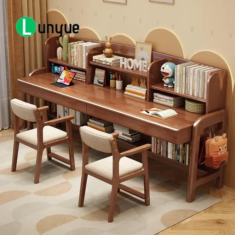 Nordic style solid wood desk bookshelf combination double table for primary and secondary school students home lifting
