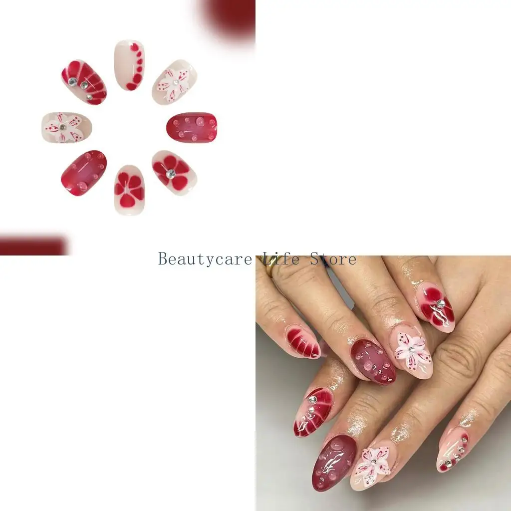 

652C Christmas Party Press On Nail Wine Red 3D Floral Pattern Short False Nail With Glitters Design Party Manicure Set