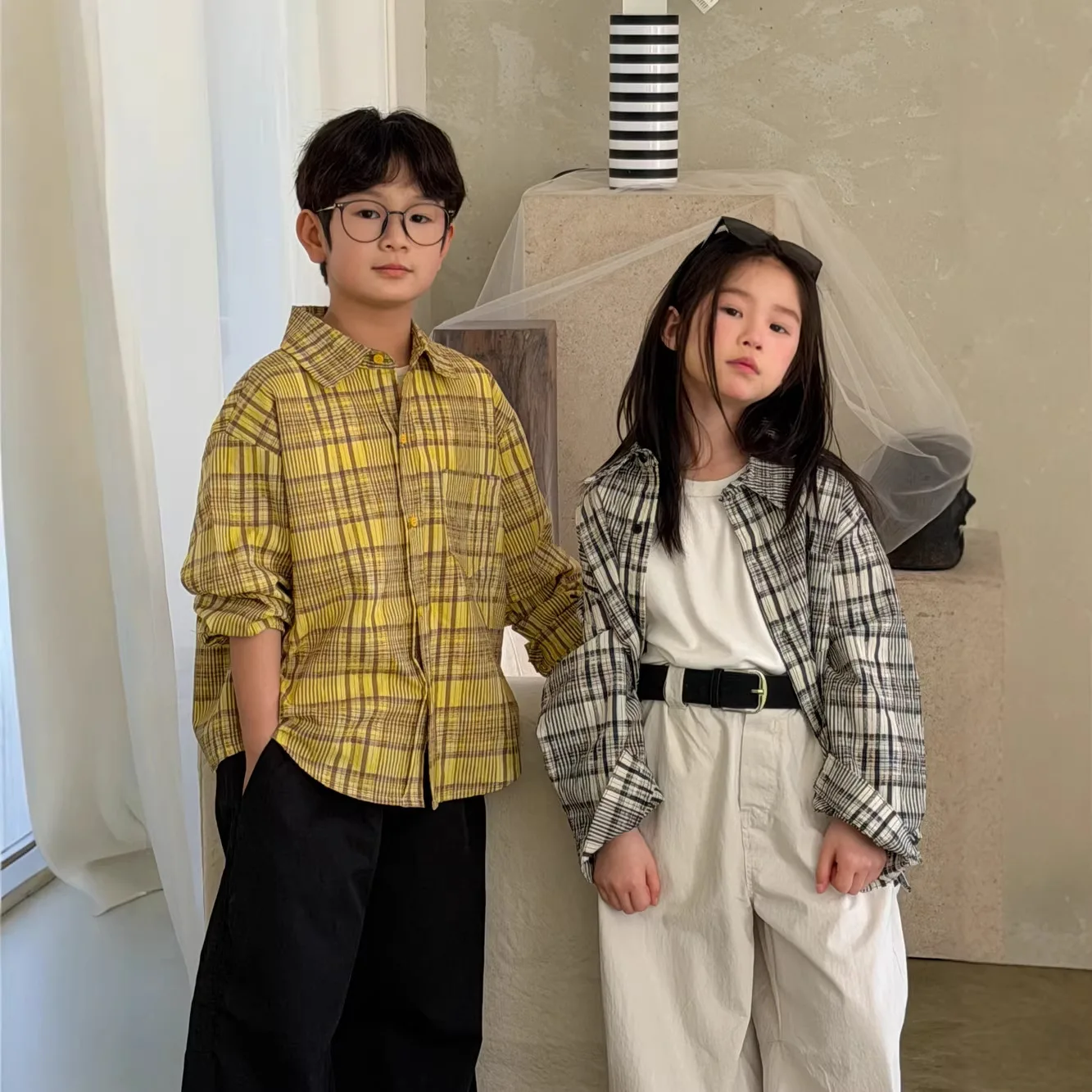 

Children Clothes Kids Casual Shirts 2026 Spring Korean Style Plaid Loose Boys and Girls Long-sleeved Kids Simple Tops