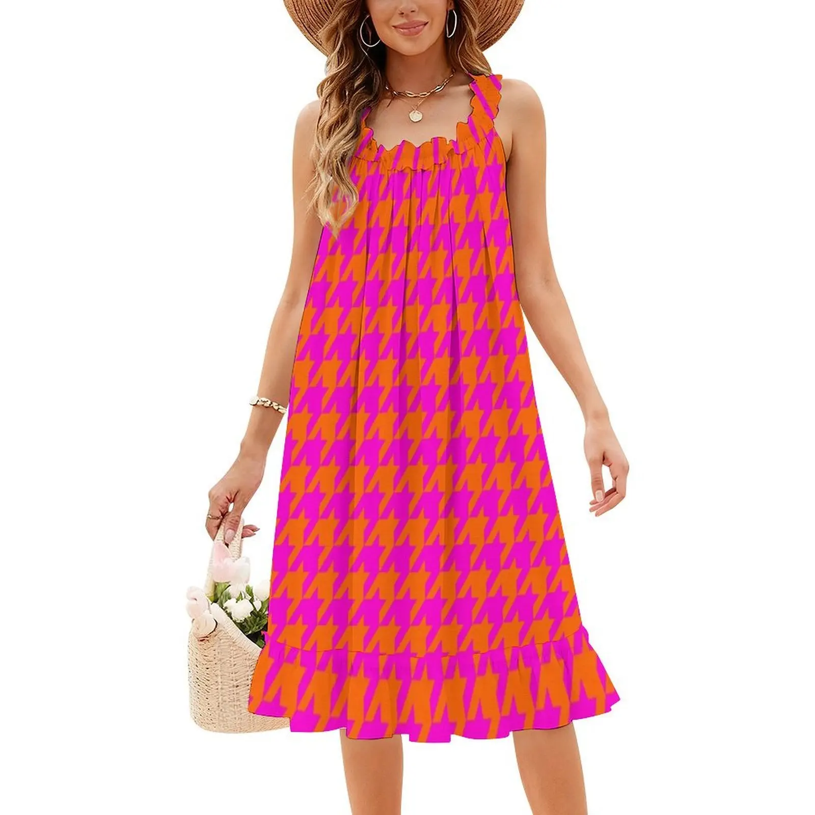 Rosa e laranja houndstooth estilo preppy mini vestido para mulher a linha solto ajuste casual vestido de dia grande houndstooth dogstooth rosa