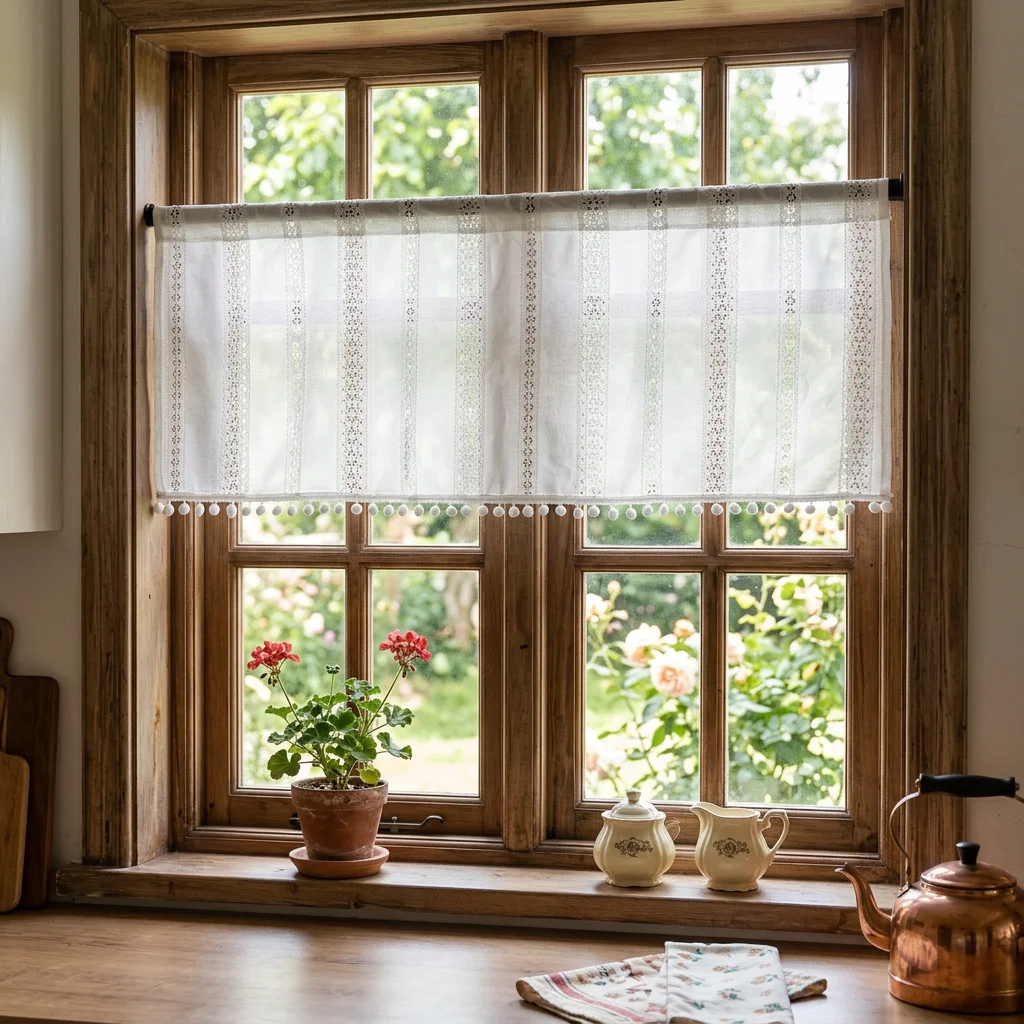 1Pc vintage Vertical-Striped Mesh Polyester Half Curtain with Pompom Decoration and Small Window Decoration.