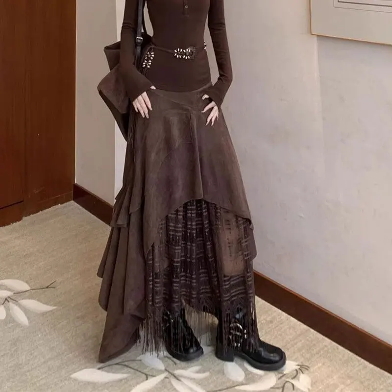 Women Faux Suede Irregular Maxi Skirts Two Layer Lace Tassel Mesh Underskirt Autumn High Waist Flowy Asymmetrical Long Skirts