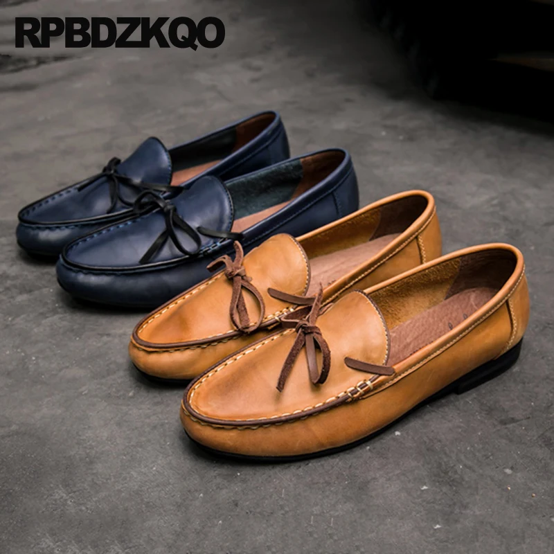 Round Toe Full Grain Leather Bowtie Brown Moccasins Bowknot Comfy Flats Shoes Holiday Men Bow Knot Slip On Soft Driving Loafers