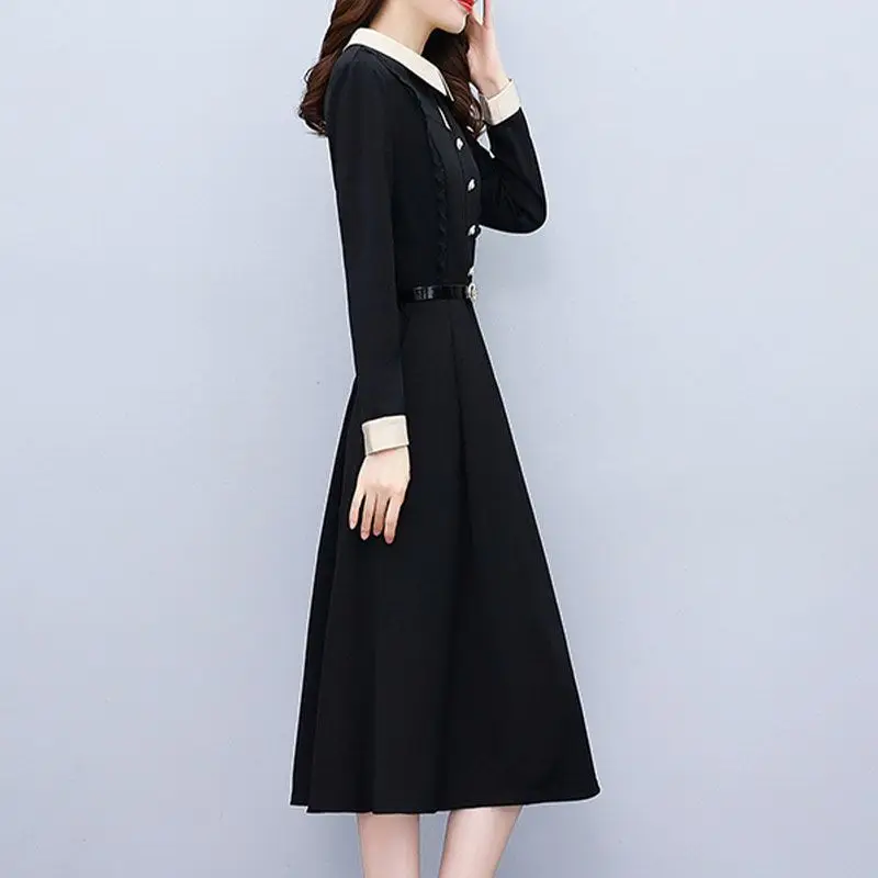 Autumn and Winter New Korean Mid to Long Fashion Dress with Doll Neck and Elegant Black Waist