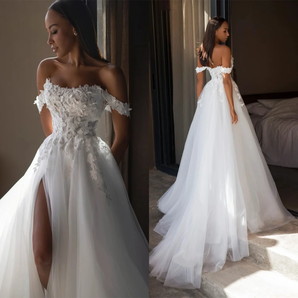

Customized High Quality White Organza Wedding Dress Exquisite Strapless Off the Shoulder Short Sleeves Chapel Train Bridal Gowns