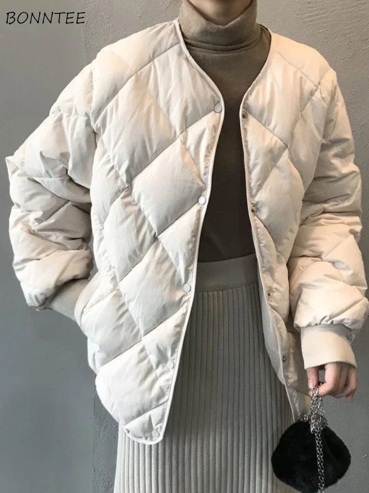 

Argyle Parkas Women Baggy Simple Warm V-neck Coats Autumn Winter Ulzzang Fashion Soft High Streetwear All-match Females Daily