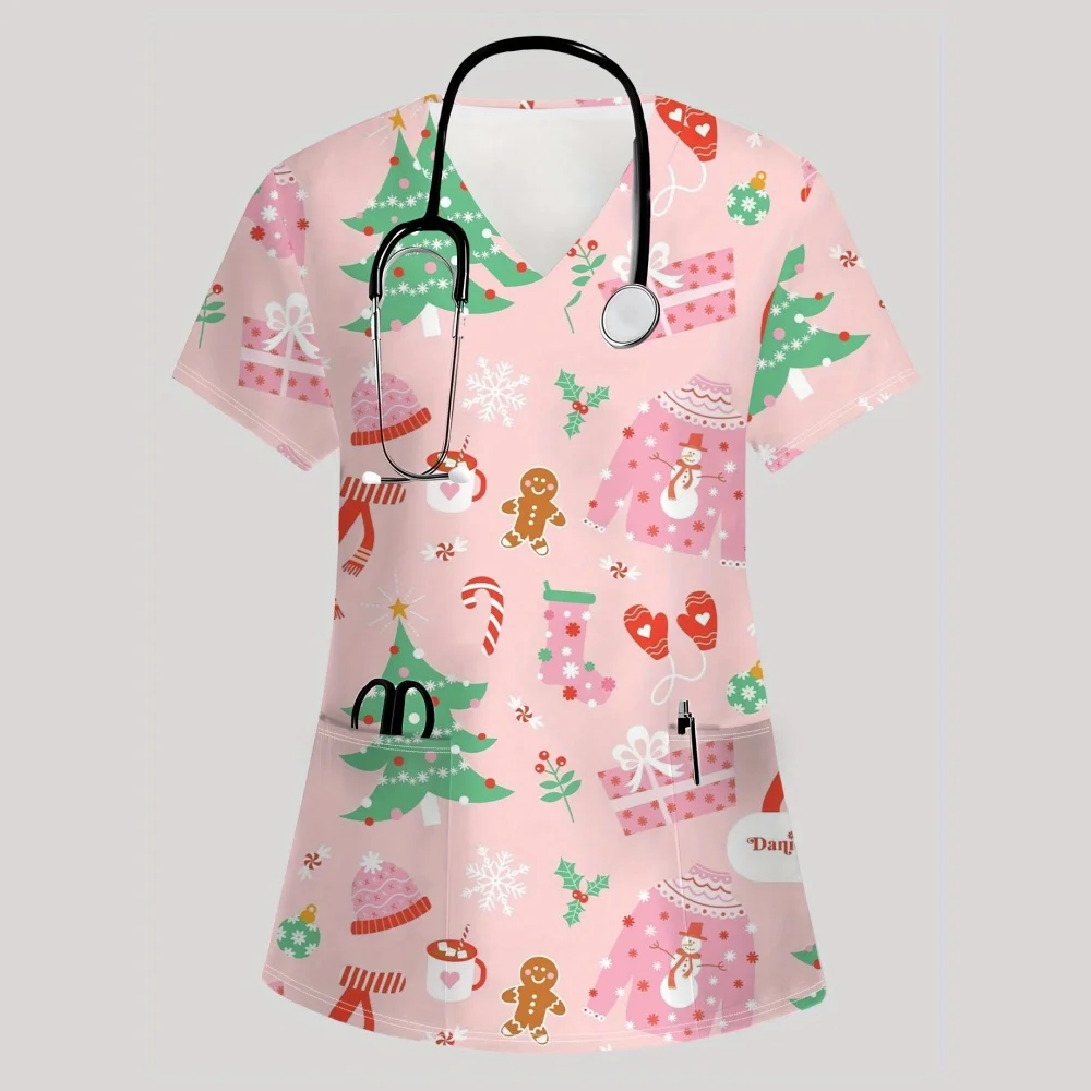 عيد الميلاد الزي الجراحي امرأة عيد الميلاد موضوع نمط موضة الخامس الرقبة جيب قصيرة الأكمام بلايز التنقل الدعك موحدة امرأة