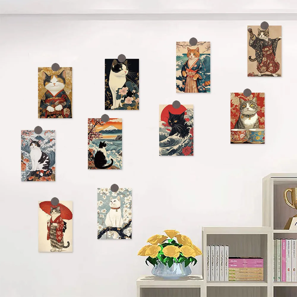 10PCS Cartoon Japanese Kitten Card Creative Card Wall Stickers Bedroom Dormitory Room Decoration Graffiti Page Card Decoration