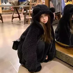 Winter Streetwear Fashion Solid Bear's Ears Warm Jackets Y2k Aesthetic All Match Oversized Tops Casual Zipper Fashion Coat Women
