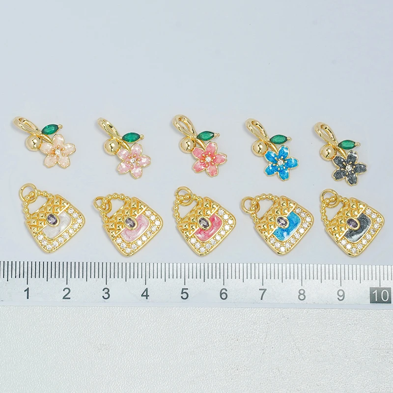 3 Pcs Copper Gold Plated Pendant Diy Jewelry Making Accessories Peach Blossom Small Fragrance Bag Earrings Necklace Zircon Parts