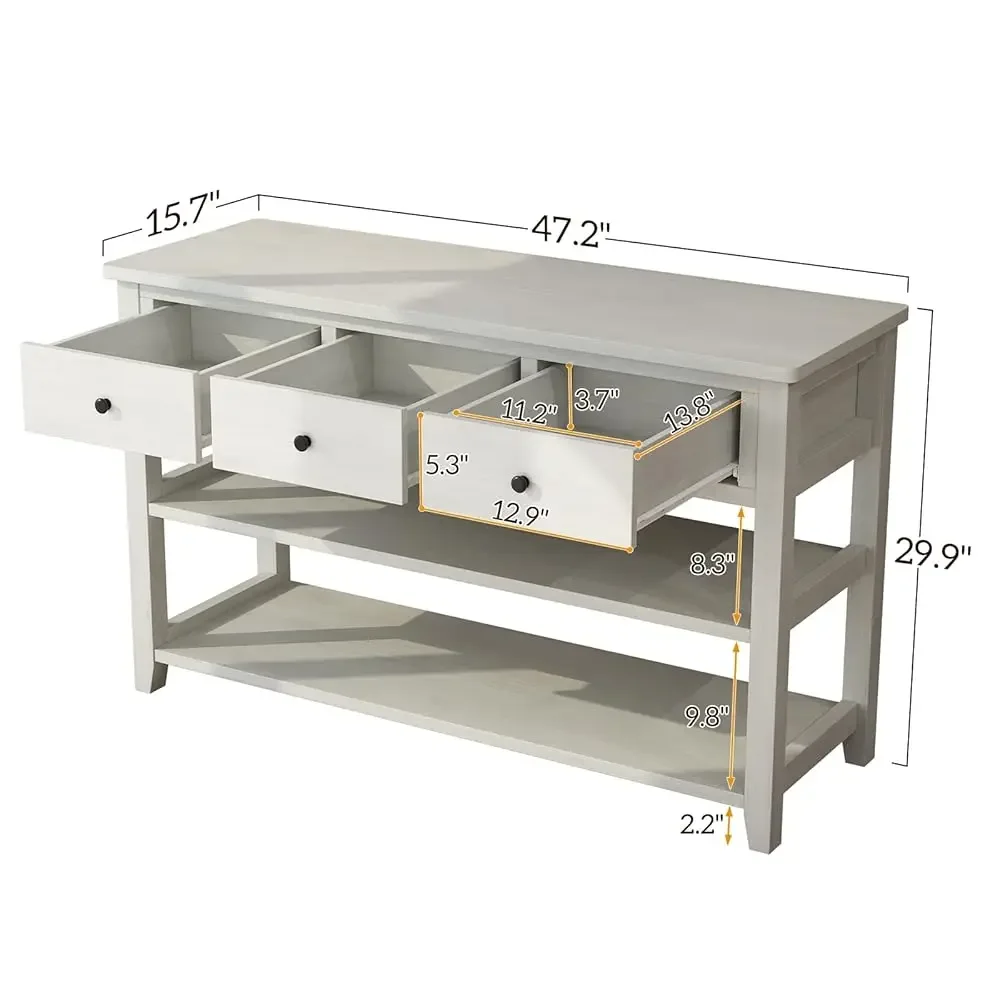 مكتب مدخل طاولة وحدة التحكم، طاولة جانبية للأريكة مع 3 أدراج ورفين تخزين سفليين، حامل تلفزيون عتيق لغرفة المعيشة في الردهة