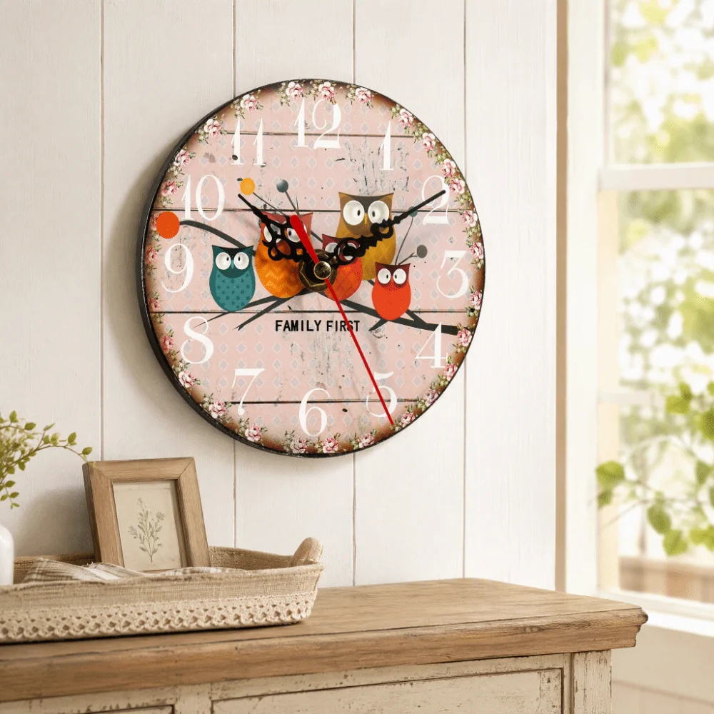 Wooden Wooden Wall Clock Oil Painting Design 4.72in Round Wall Clock Cartoon Owl Pattern Dual Use Retro Wall Clock