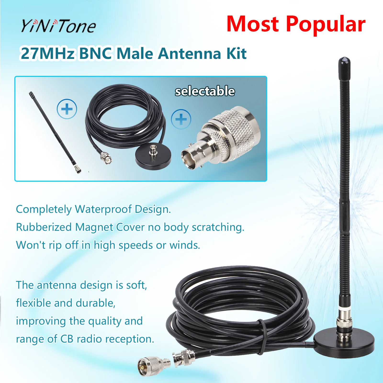 

CB Radio 27MHz Antenna Kit PL259/BNC Male Connector Long Range Soft Whip antennae Magnetic Base Station adapter Set for kenwood