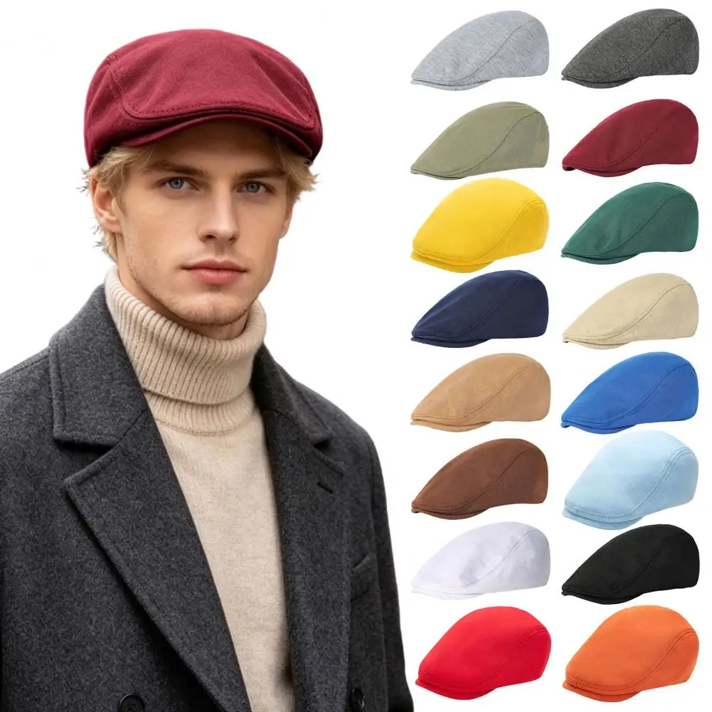 Men Woolen Newsboy Flat Cap Soft Fitted Driving Cabbie Hat Retro Style Peaked Cap for Spring Autumn Casual Daily Wear