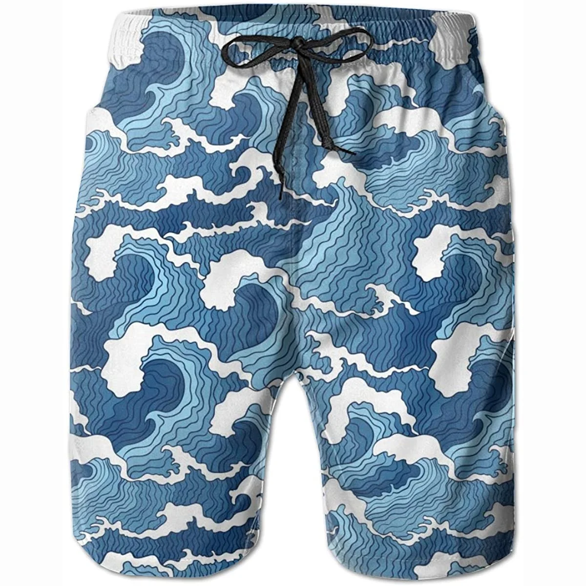 Japanese Blue and White Wave Mens Swim Trunks Beach Board Shorts Swimwear Bathing Suits