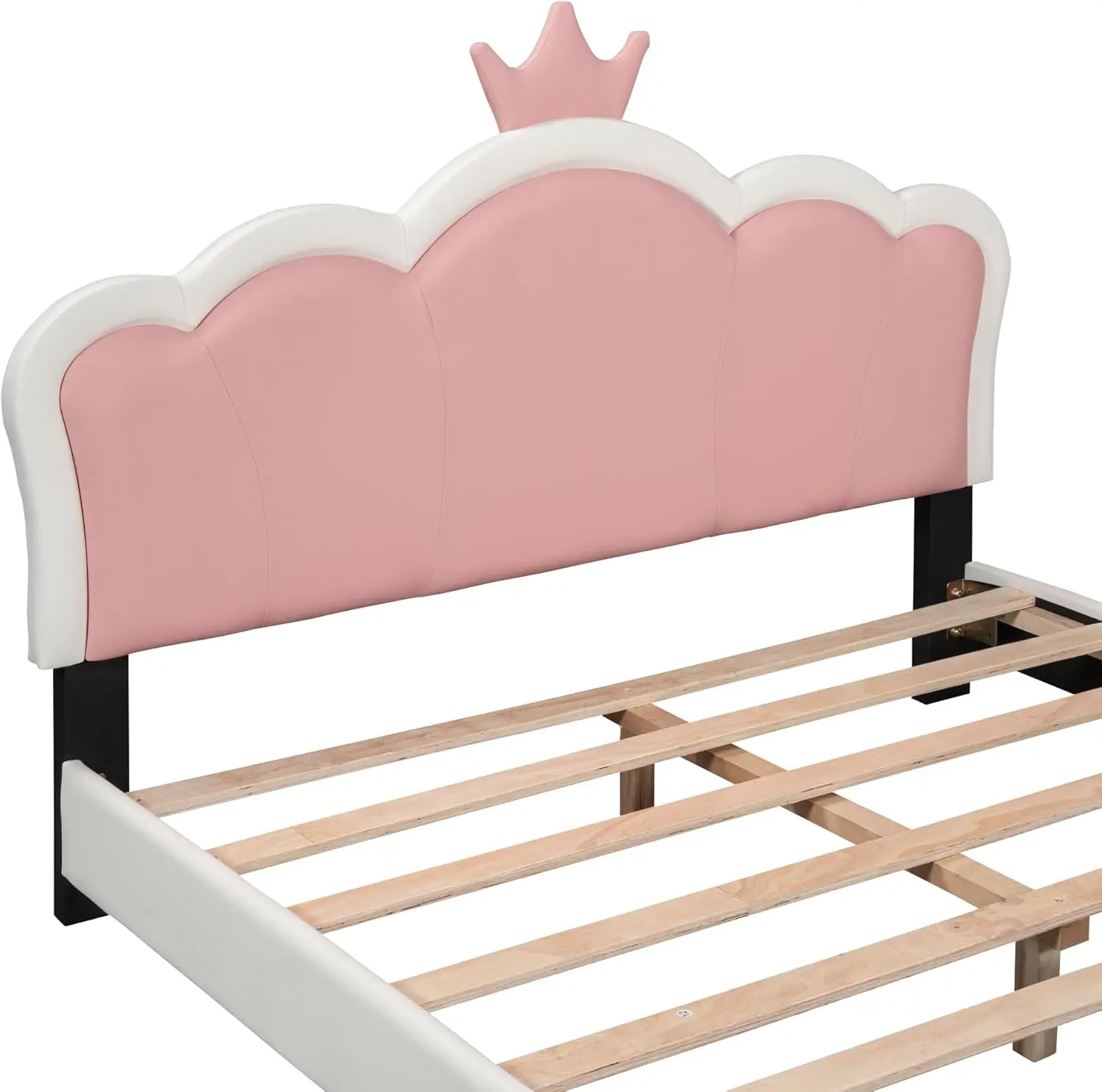 Marco de cama de princesa de tamaño completo con cabecero en forma de corona para niños, cama de plataforma tapizada con soporte de listones, niñas completas