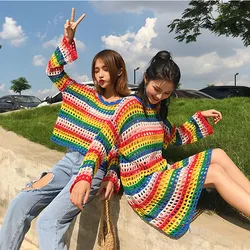 Mid-Length Striped Fish Mesh Shirt Hollow Thin Loose Long Sleeve Pullover Sweater Women's Top 2024 Spring New Wholesale