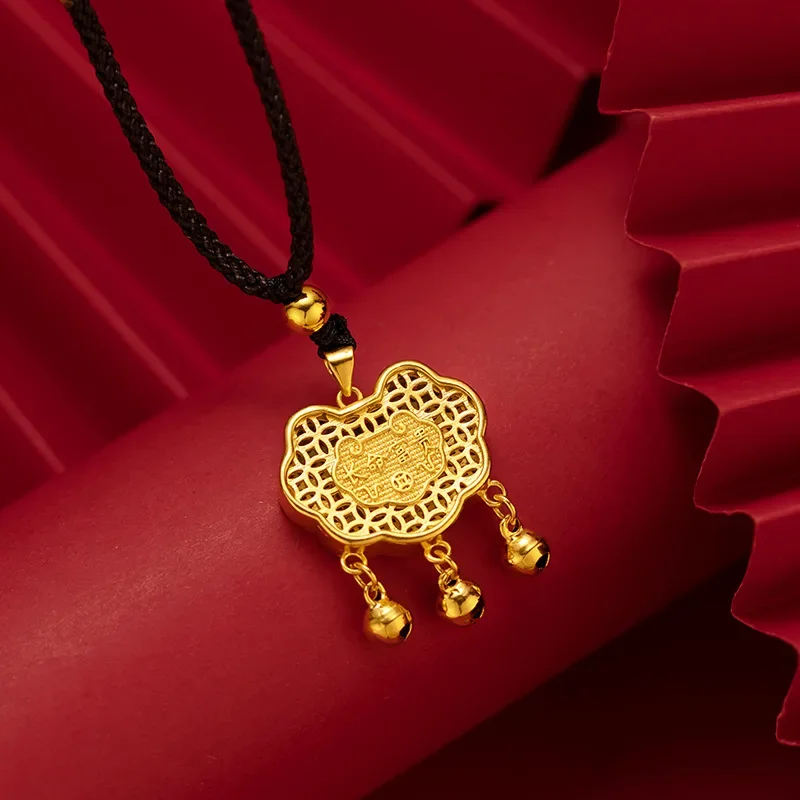 

9999 Real Gold 24K Double-sided Long-life Wealth Small Gold Lock Pendant Long-life Lock Necklace Ethnic Style