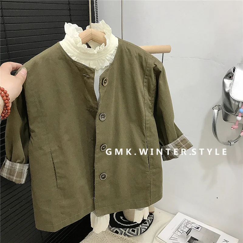 Girls' Trench Coat New Autumn Fashionable Children's Mid-Length Casual British Plaid Thin Jacket