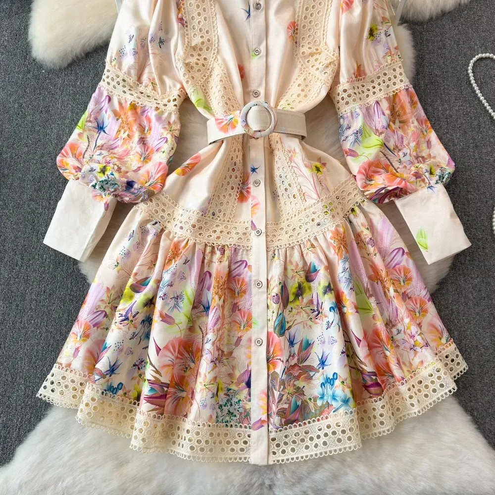 New Spring Summer Women Singel Breasted Mini Dress Lantern Long Sleeves Boho Sashes Vintage Fashion Lady Floral Print Lace Robe