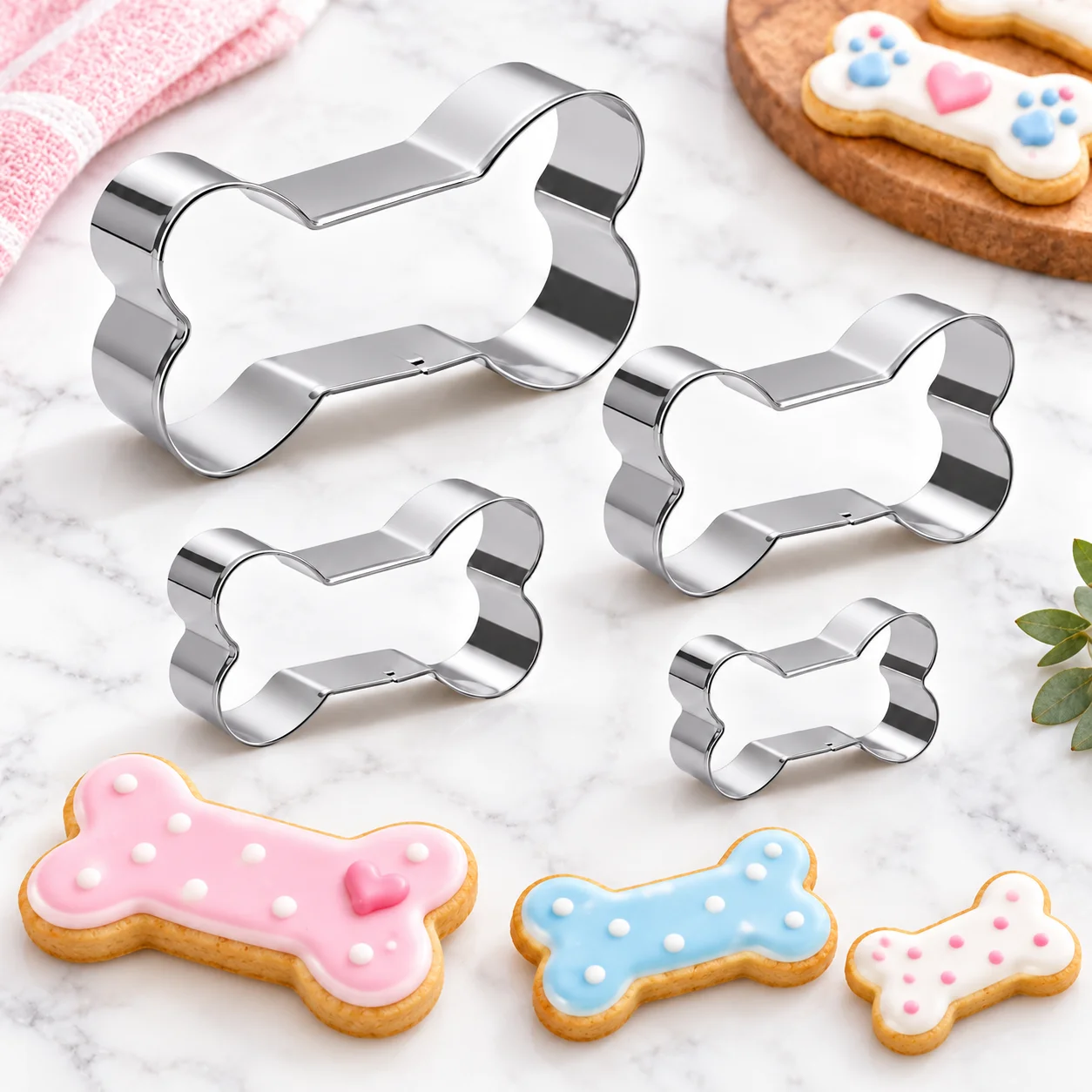 4PCS Dog Bone Shaped Cookie Cutter Set Food-Grade Stainless Steel Pet Treat Molds for Biscuit Fruit Veggie Snack Home DIY Baking