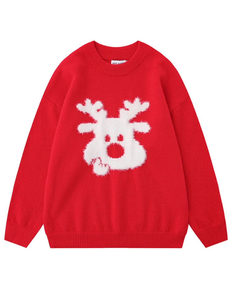 Korobov Red Deer Jacquard Sweater Design Soft Waxy Pullovers Winter Women Clothing Lazy Loose Christmas Style Knitwears Top