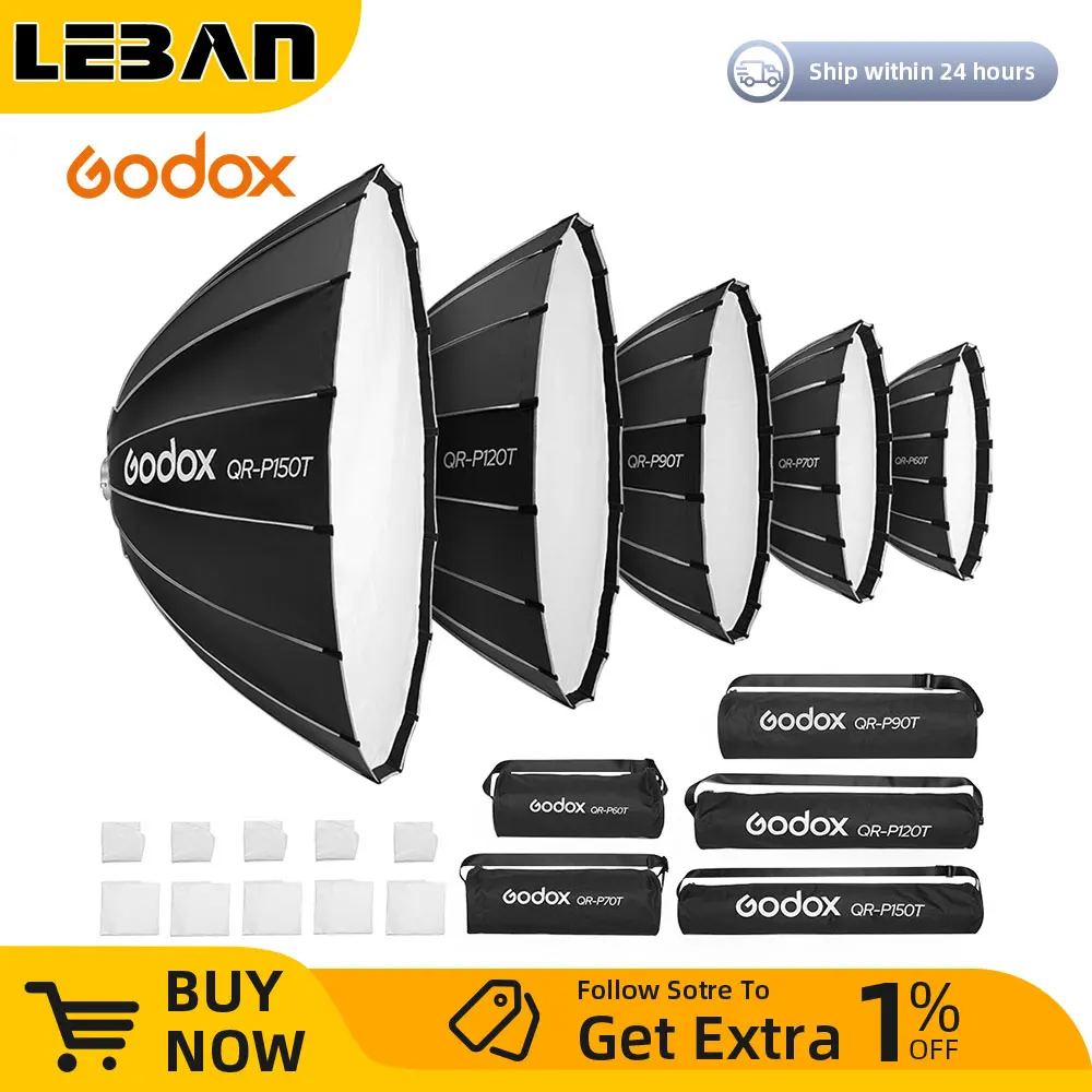 Godox QR-P60T 60CM QR-P90T 90CM QR-P120T 120CM 150CM Quickly Release Parabolic Deep Softbox+Honeycomb Grid for photography Flash