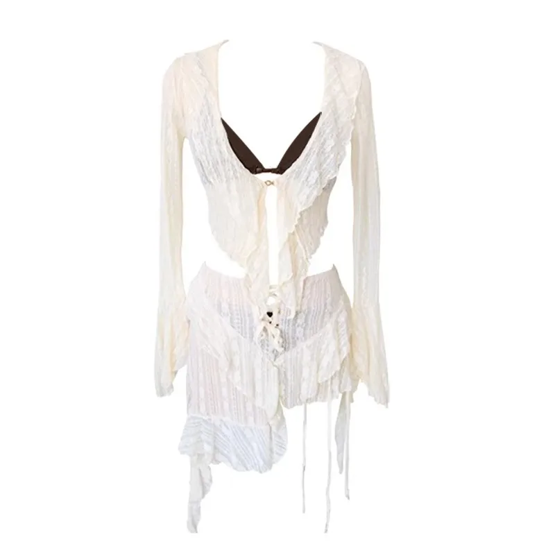 2024 ใหม่เซ็กซี่ลูกไม้แขนยาวผู้หญิงชุดว่ายน้ําบิกินี่แยกสี่ชิ้นชุดวันหยุดชุดว่ายน้ํา Beach COVER-up