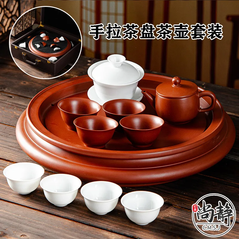 High-end Complete Set of Chaoshan Pure Handmade Hand-drawn Purple Clay Tea Tray Kung Fu Tea Set Simple Tea Brewing for Home Livi