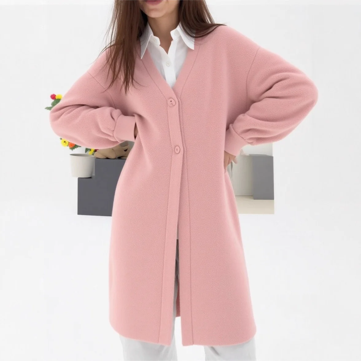 

Mid-Long Cardigans In Woman Womens Winter Textured Wool-Feel V-Neck Decorate Chunky Irregular Cozy Staple Cable Relaxed-Fit Slim