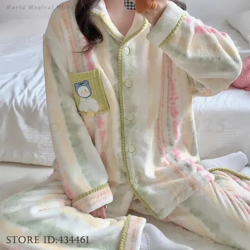 Autumn Winter New Pijamas Suit Home Clothes Coral Fleece Cartoon 2PCS Pajamas Set Sleepwear Women Thicken Warm Flannel Pyjama