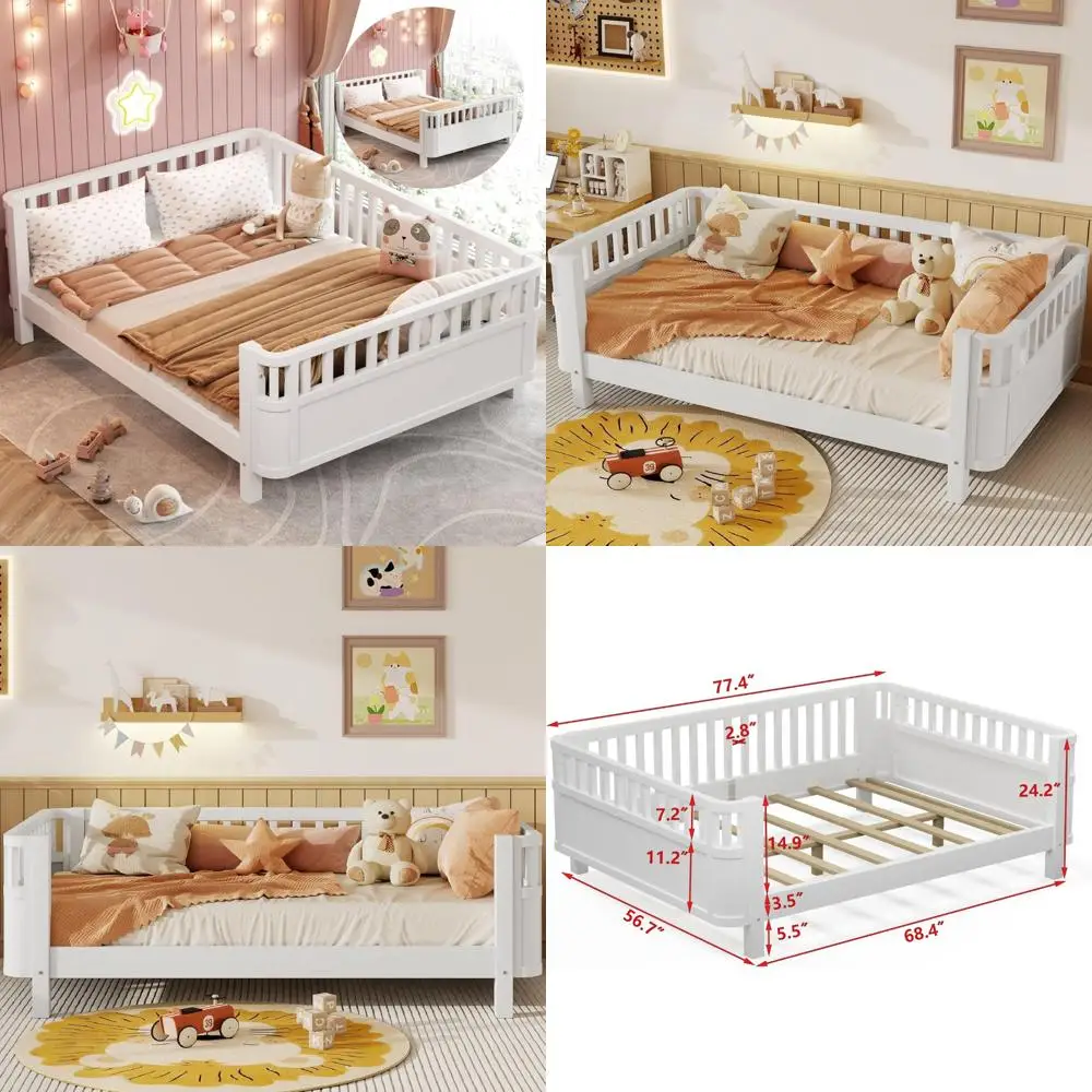 montessori-inspired full-size wood floor bed with low profile and safety rails for space-efficient boys' rooms
