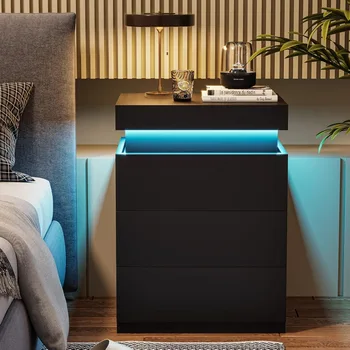 Image Nightstand with Charging Station and LED Lights,Night Stand with Sliding Top,Bedside Table with Drawers,Modern End Side Table