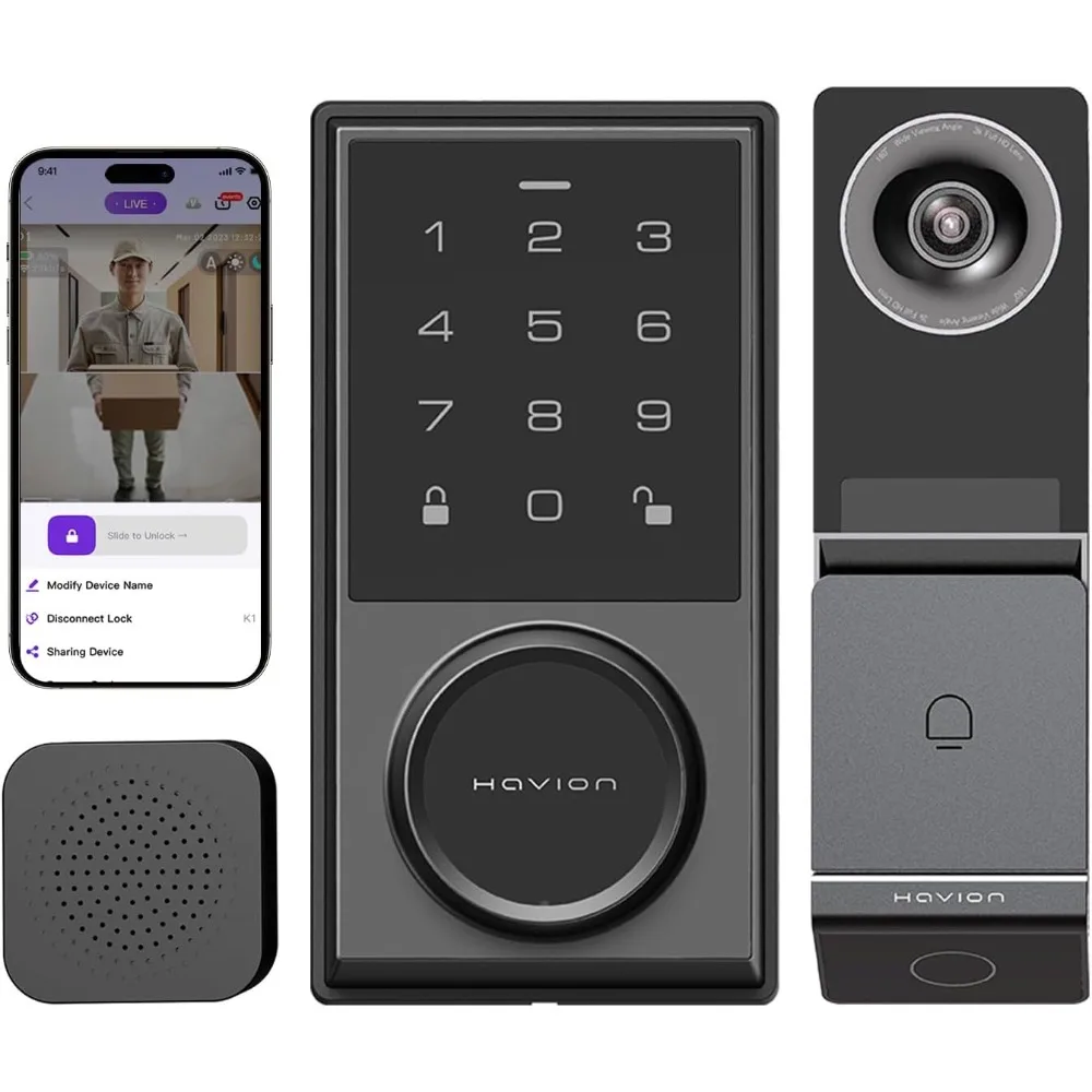 

Wireless Video Doorbell w/Smart Lock Set - Incl. Chime, Dual Cameras, 5MP 3K QHD, 2'' Screen & 32GB eMMC, Motion Detection & Rea