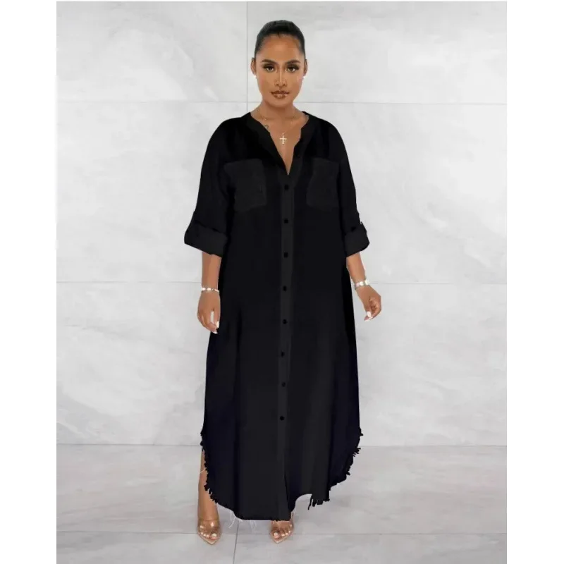 Women Shirt Dress Single Breasted Tassel Splice Long Dresses Maxi Loose Y2k Full Sleeve V Neck Solid Vestidos Casual Spring