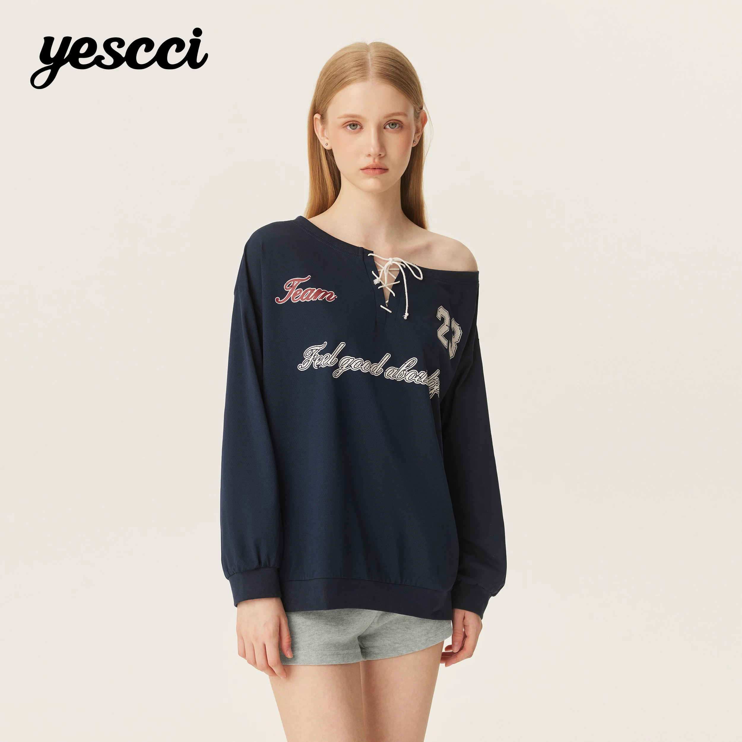 YESCCI Long Sleeve T Shirts Woman One Shoulder Drawstring Neck Retro Color Block Print Tee Loose Fashion Women Top Y226083115