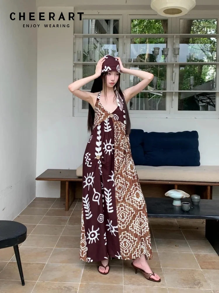 CHEERART Boho Tribal Patchwork Marrone Abito lungo per donna 2025 Estate Backless Scollo a V Una linea Halter Maxi Dress Abiti da vacanza