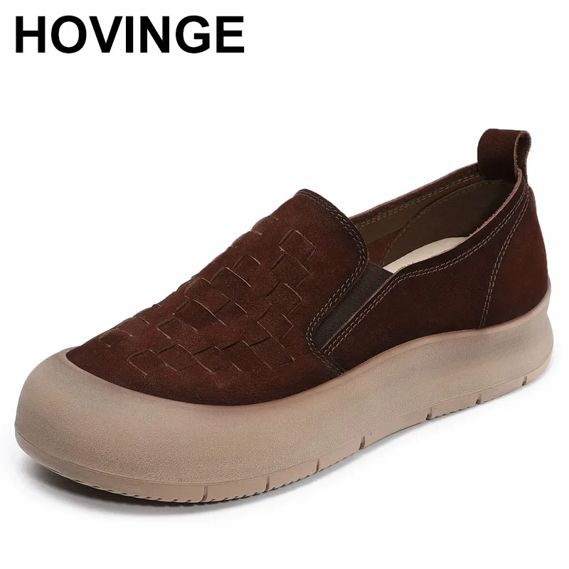 

Women Slip On Loafers Handmade Woven Retro Literary Style Genuine Cow Leather Flat Platform Casual Ladies Single Shoes