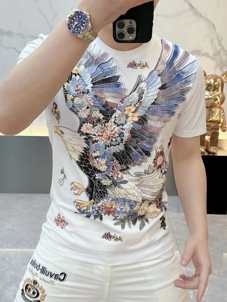 Summer New Fashionable Versatile Handsome Men's Hot Diamond Flower Eagle Print White Casual Round Neck Short-sleeved T-shirt