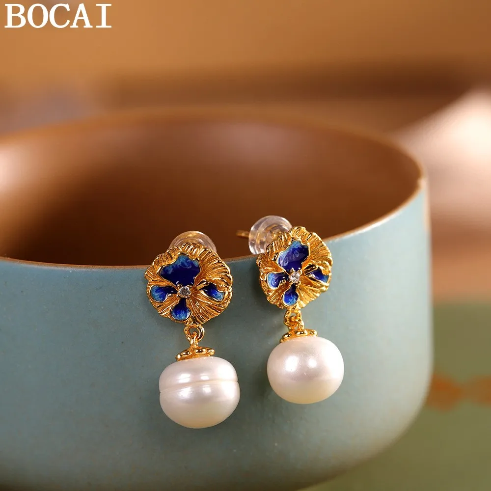 

Серьги BOCAI S925 из стерлингового серебра с позолотой и жемчугом из пресноводной жемчужины Burnt Blue, модные и эксклюзивные, подарок для женщин